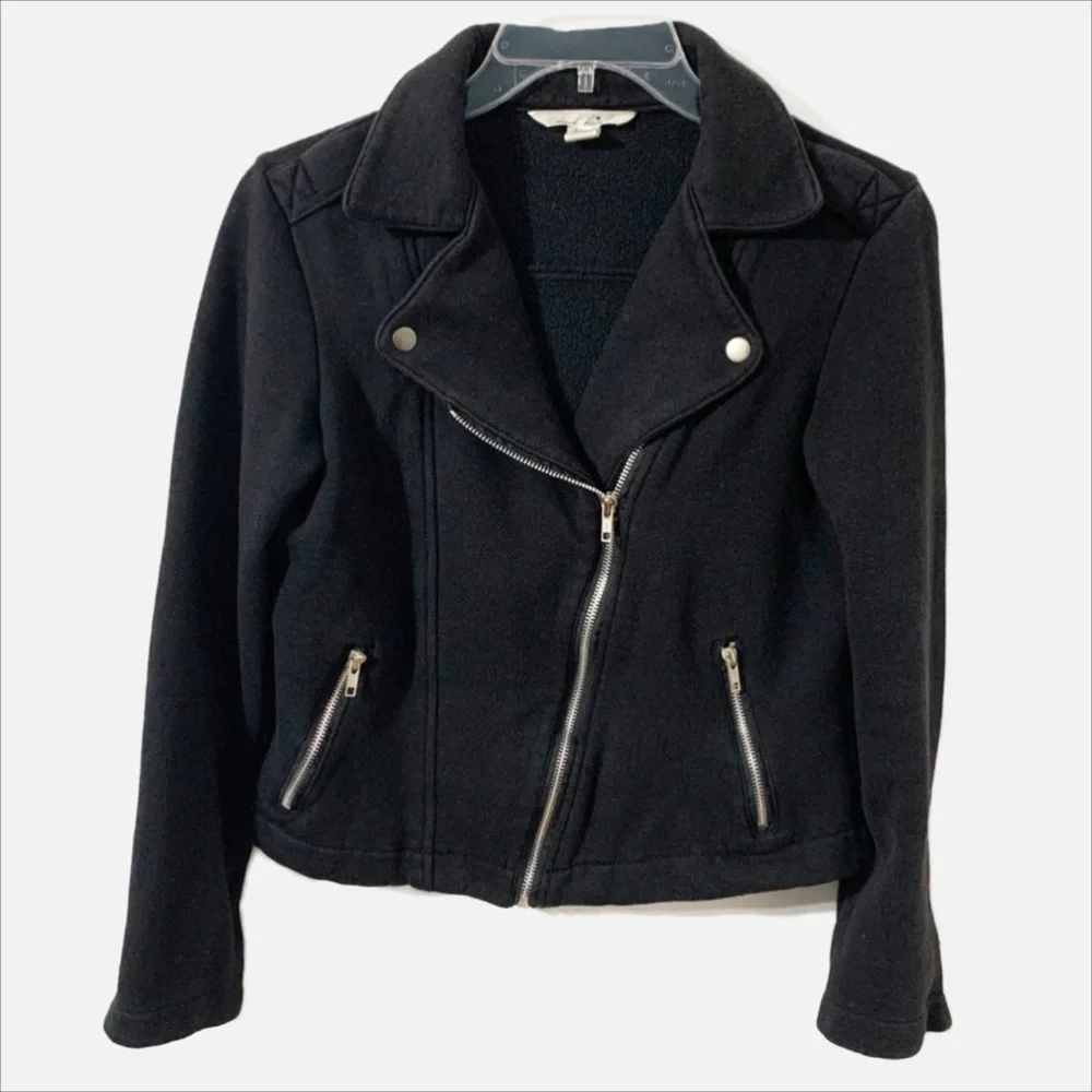 Derek Heart Asymmetrical Zipped Cropped Jersey Knit Moto Style Jacket Black⚫️ ⚪️